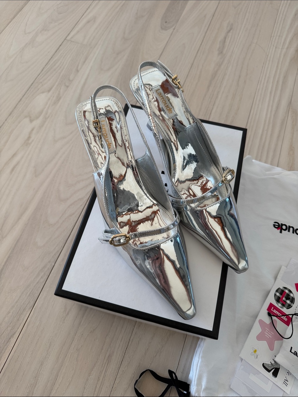 Metallic Silver Pointed Slingback Pumps with Buckle Detail